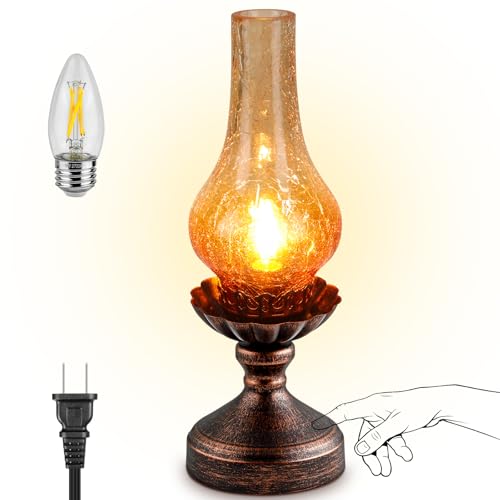 Vintage Table Lamp with Red Amber Gradient Crackle Glass Shade