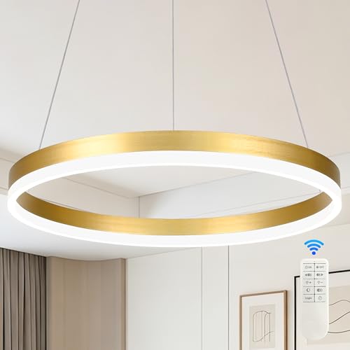 20" Modern Gold Led Chandelier Ring Dimmable LED Chandeliers with Remote Control for Kitchen Island Height Adjustable Chandelier Led Pendant Light for Living Room Dining Room Bedroom Foyer