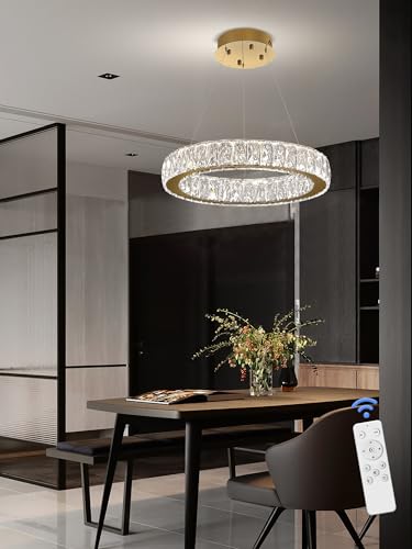 Modern LED Dimmable Crystal Chandelier 23.6" Ring Pendant Light Adjustable Gold Round Crystal Chandelier for Dining Room Living Room