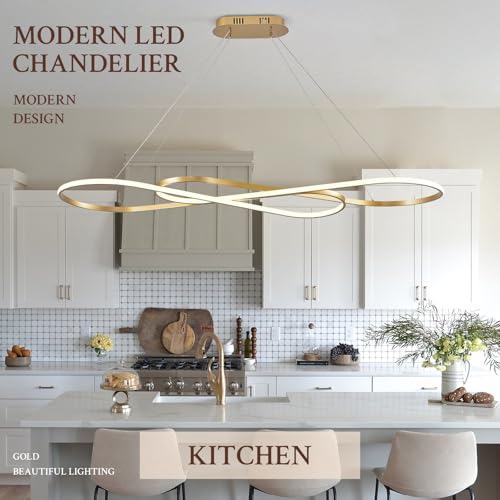 Modern LED Chandelier Gold Dimmable LED Pendant Light for Dining Room Light Fixture Over Table Modern Kitchen Island Lighting High Ceiling with Remote for Living Room
