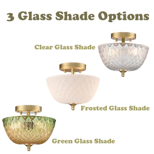 Semi Flush Mount Ceiling Light with Green & Amber Glass Shade