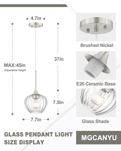 Brushed Nickel Pendant Lights Kitchen Island with Ribbed Glass Shade