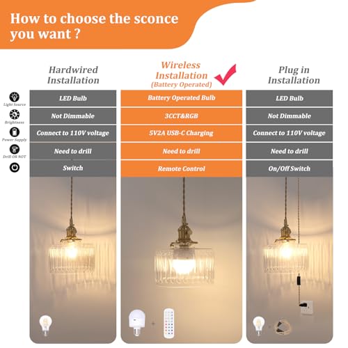 Battery Operated Pendant Light 5000mAh Rechargeable Chandelier with Remote Control Wireless Adjustable Hanging Clear Striped Light for Kitchen Island Dining Room Hallway (2 Count)