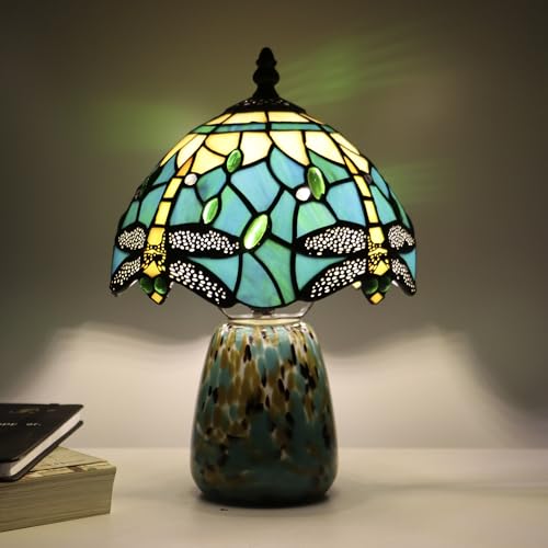 Tiffany Mushroom Table Lamp Dragonfly Style Blue Yellow Stained Glass Accent Lamp Brown Blue Glass Base 8X8X12 Inch
