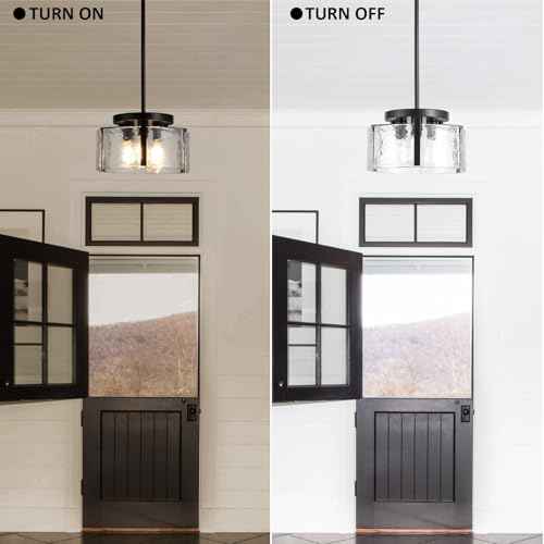 Glass Drum Chandelier for Dining Room, 3-Light Black Modern Chandelier Farmhouse Lights Kitchen Lighting Fixtures Over Table for Foyer Entryway Hallway Laundry Room Bedroom Bathroom