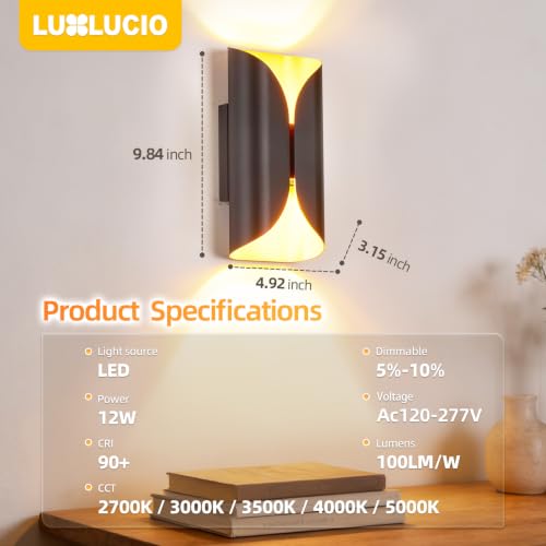Black & Gold 9.8" Up & Down Indoor Outdoor LED Wall Sconce (Black and Gold / 2 pack)