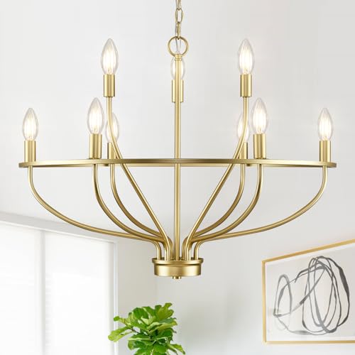 9 Light Gold Light Fixture Vintage Candle Chandelier Lighting 30in Mid