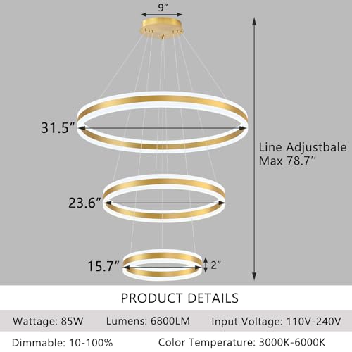 3 Rings Modern Gold LED Chandelier (3 Count)