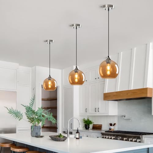 Amber Glass Pendant Lights Kitchen Island Lighting Globe Pendant Light Fixtures Modern Pendant Lighting for Bedroom Living Dining Room Light Fixture (2 Count)