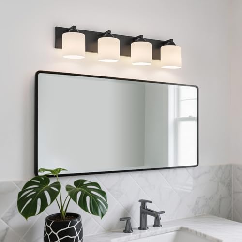 4 Light Black Bathroom Vanity Light with White Glass Shades