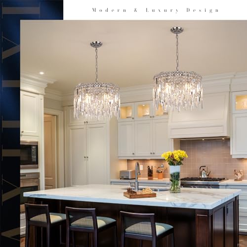 Round Crystal Chandelier Modern 20" Drum Chandelier with Chain Chrome Adjustable K9 Raindrop Crystal Ceiling Pendant Fixtures 2 Tiers for Dining Room Bedroom Living Room