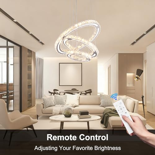 3 Ring Dimmable LED Crystal Chandelier 47W with Remote