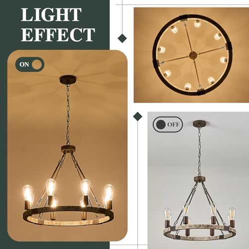 Farmhouse Wagon Wheel Chandelier 23.6" Wooden Chandelier Light Fixture 8