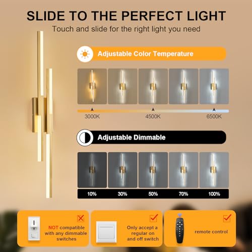 Modern LED Wall Sconce Gold Remote Wall Light Fixtures for Bathroom