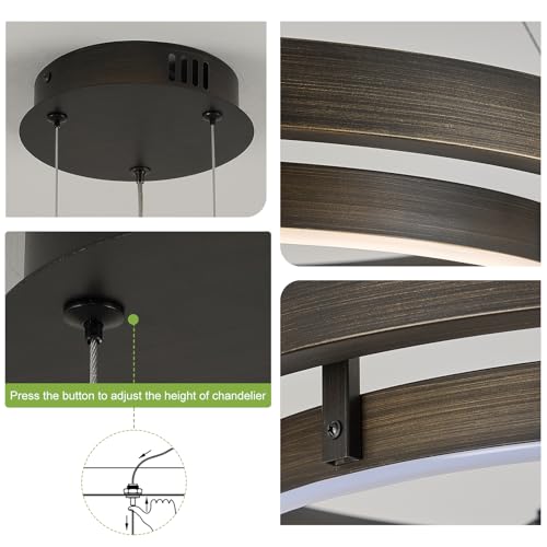 Modern LED Chandelier Vintage Black Brown Dimmable Circular LED Pendant Light with Remote Ring Chandelier Dining Room Light Fixtures for Kitchen Island Living Room Entryway