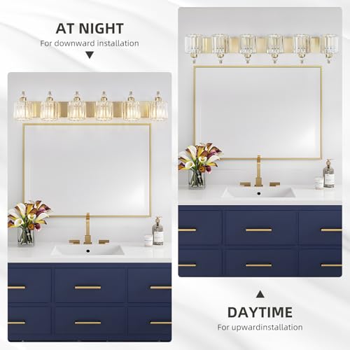 6 Light Modern Vanity Lights Brushed Brass Bathroom Light Fixtures Over Mirror Gold Bathroom Vanity Lighting with Crystal Shade E26 Base Wall Sconce for Bedroom Living Room Restroom Wall Lamp