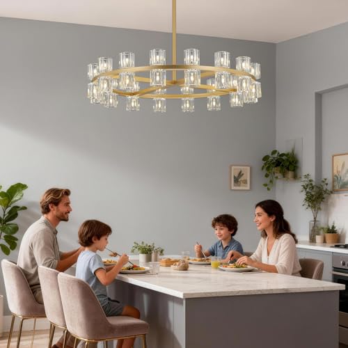 32 Lights Dia 33" Gold Crystal Chandeliers for Dining Room Light Fixture