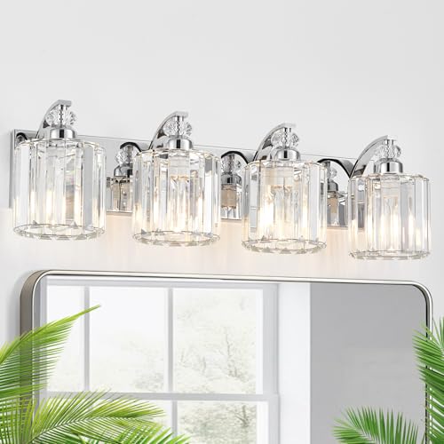 4 Light Modern Bathroom Light Fixture Chrome Vanity Lights Over Mirror Wall Sconce Lighting with K9 Crystal Shades Bathroom Wall Lamp E26 Base for Bedroom