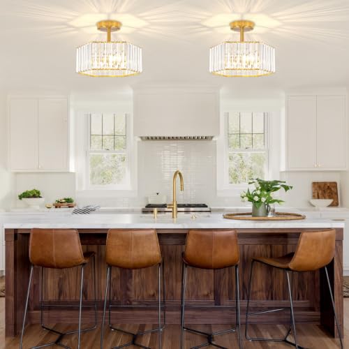 3 Light Crystal Semi Flush Mount Ceiling Light Gold Hallway Light Fixture