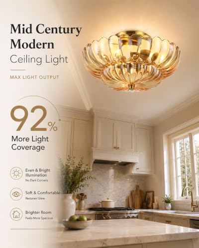 Semi Flush Mount Ceiling Light Fixture 14" Vinatge Gold Ceiling Lights Amber Mid Century Modern Glass Close to Ceiling Lighting Fixtures for Bedroom Hallway Kitchen Laundry Room Bathroom