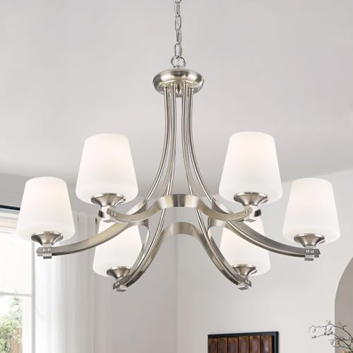 6 Light Brushed Nickel Chandeliers for Dining Room with Frosted Glass 47.2" Adjustable Silver Pendant Ceiling Lighting Rustic Vintage Hanging Lamp for Farmhouse Kitchen Island Dining Table Living Room