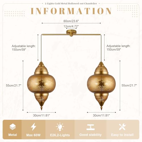 Modern 2 Light Pendant Light Fixture Kitchen Island Brass Hanging Lights with Gold Metal Shade and Adjustable Cord Pendant Lighting