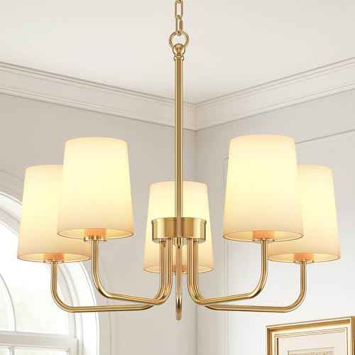 Chandeliers for Dining Room, 5-Light Gold Chandelier Light Fixture, E26 Base-Dining Room Light Fixtures Over Table with White Shade, Farmhouse Chandelier for Bedroom Living Room Foyer Entryway