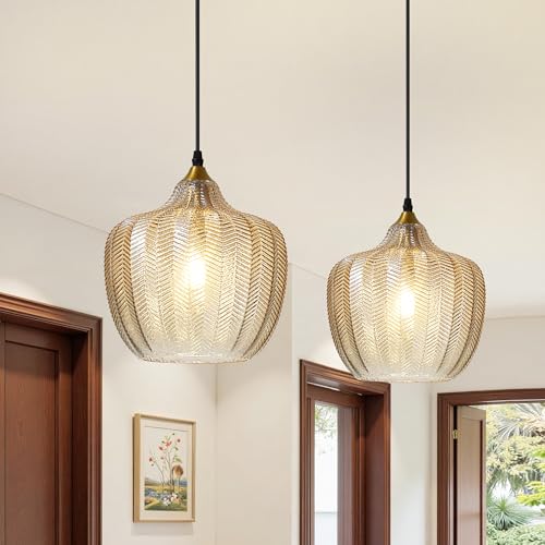 Amber Glass Pendant Lights Kitchen Island 2 Pack Gold Hanging Ceiling Light (2 Count)