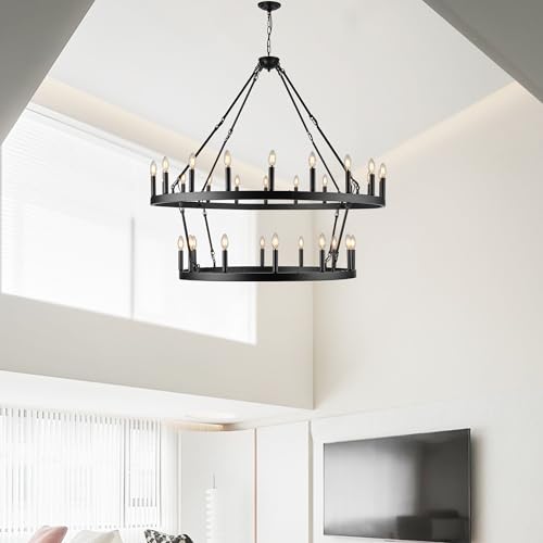 Rustic Farmhouse Black Wagon Wheel Chandelier Large Chandeliers for High Ceilings Kitchen Table Lighting 2 Tier 32 Lights 50 Inch for Dining Room Living Room Foyer Porch Kitchen Island