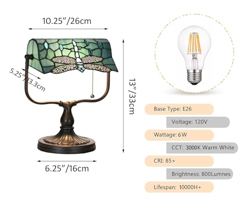 TL0030 Dragonfly Tiffany Banker Desk Lamp Stained Glass Green Shade with Vintage Bronze Base W10.25 X OH13 Inches