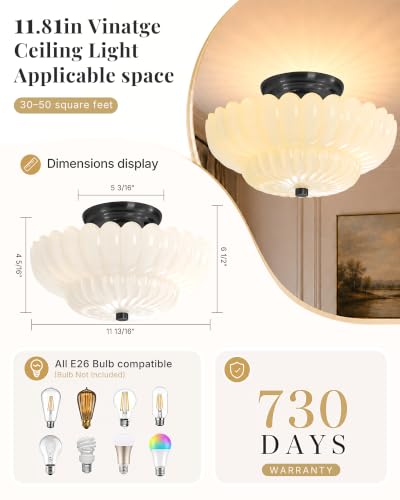 Semi Flush Mount Ceiling Light Fixture 11.8" Vinatge Black Ceiling Lights Mid Century Modern Milk White Glass Close to Ceiling Lighting Fixtures for Bedroom Hallway Foyer Bathroom Kitchen
