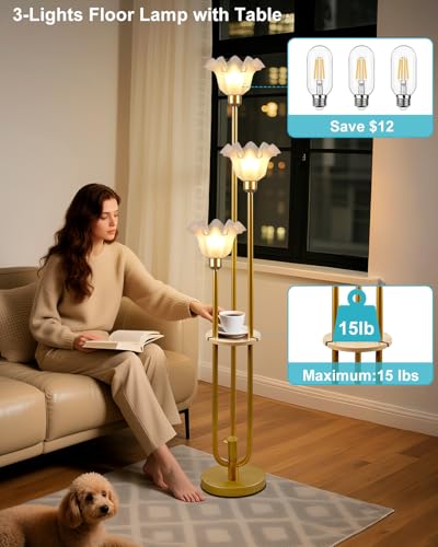 3 Flower Floor Lamp with Table Dimmable Gold Floral Floor Lamps (3 Count)