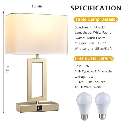 Set of 2 Table Lamps with Dual USB Ports (2 Count)
