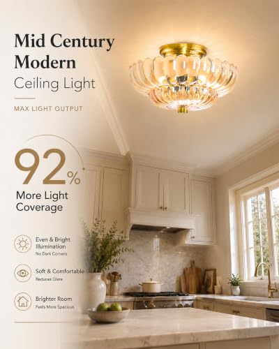 Semi Flush Mount Ceiling Light Fixture 11.8" Vinatge Gold Ceiling Lights Mid Century Modern Glass Close to Ceiling Lighting Fixtures for Bedroom Hallway Foyer Bathroom Kitchen Entryway