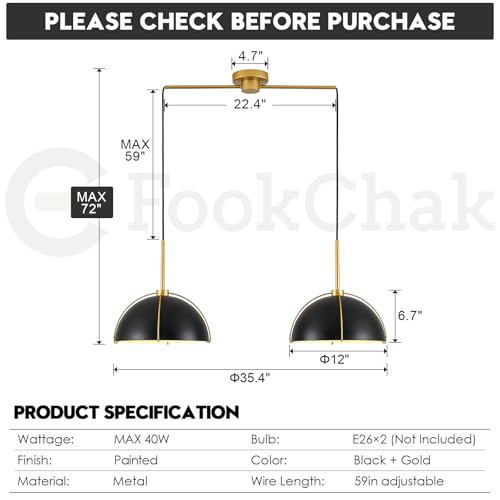 Black Dome Pendant Light 2 Light Socket Large Pendant Light Fixture with Adjustable Pendant Cord Black Gold Pendant Lighting for Kitchen Island Dining Room Kitchen Sink