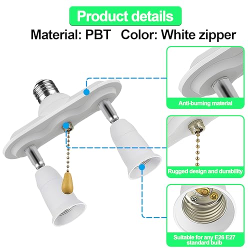 Dual Light Socket Adapter Splitter with Pull Chain
