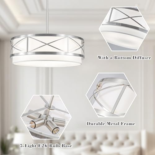 19.7" Modern Brushed Nickel Drum Chandelier Round Dining Room Light Fixture