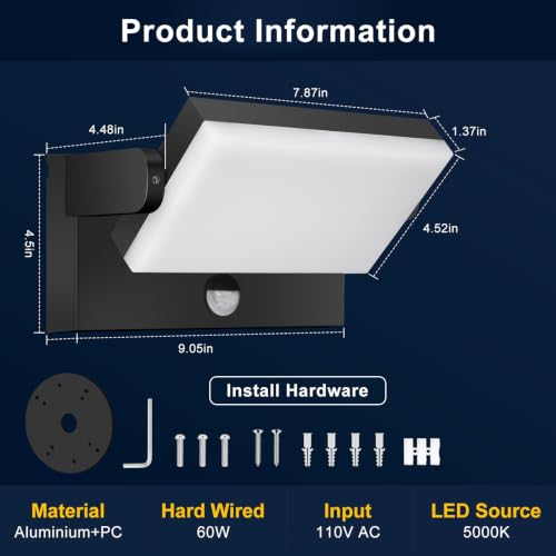 60W Motion Sensor Outdoor Wall Lights 360° Rotatable LED Panel 5000K
