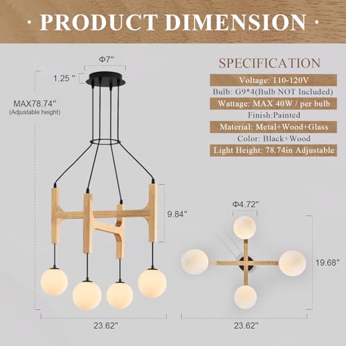Natural 4 Light Wooden Chandelier with Milk Glass Globe L24 Inch
