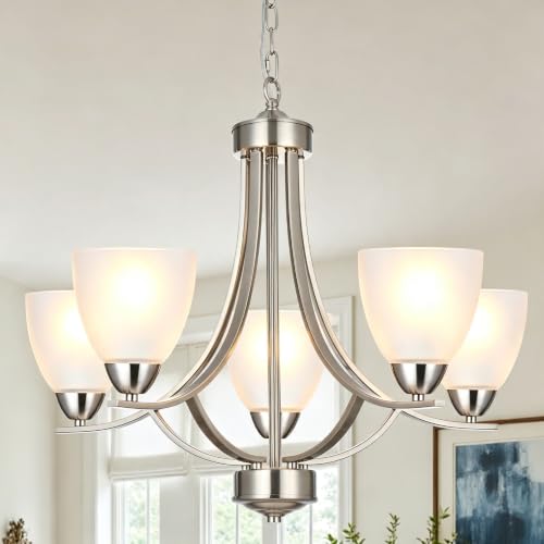 5 Light Contemporary Chandeliers Brushed Nickel Modern Light Fixtures Ceiling Hanging Industrial Pendant Lighting for Foyer Bedroom Dining Room Bathroom
