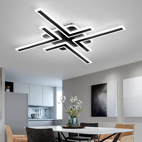 Modern Sputnik Flush Mount Ceiling Light Fixture 34.25Inches LED Dimmable Ceiling Light with Remote Control 3 Color 64W Black Chandelier for Kitchen Dining Room Living Room Bedroom