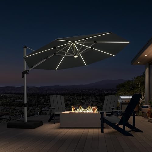 Cantilever Patio Umbrella 11ft Round Solar LED Light