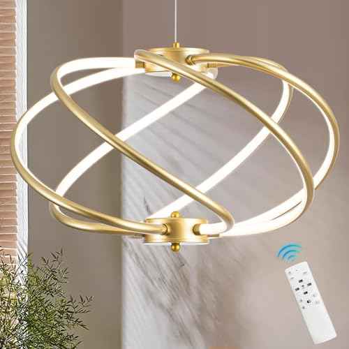 Gold Modern Chandelier with Remote Control, 48W 3-Color Temperature Dimmable LED Chandelier for Dining Room, Hanging Adjustable Pendant Light for Living Room Kitchen Foyer Entryway