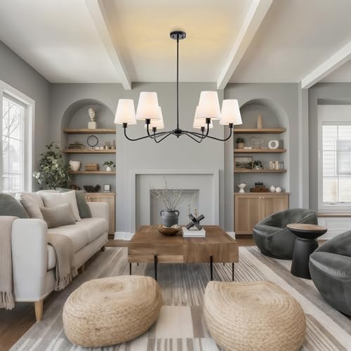 Black Farmhouse Chandeliers Over Table with White Fabric Shade