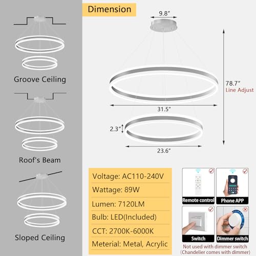 D23.6''+31.5'' Modern Ring Chandelier for Dining Room LED Dimmable Pendant Lighting High Ceiling Chandelier for Living Room Foyer Bedroom Entryway 3000K
