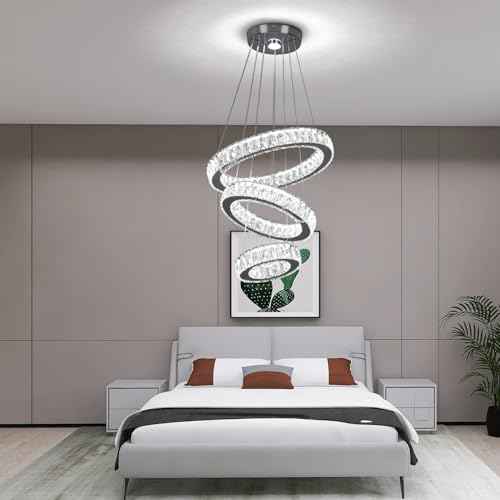 Finktonglan 3-Ring Round Crystal LED Chandelier, 52W 6500K Cool White | 15.6-Inch K9 Crystal Rings, Adjustable Height and Shape, Non-Dimmable Pendant for Dining Room, Living Room and Foyer