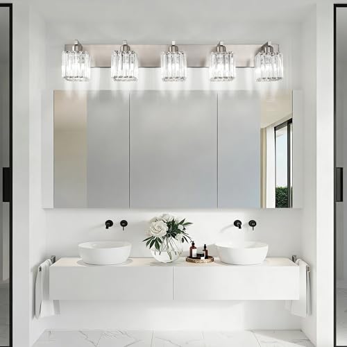 Brushed Nickel Bathroom Lighting Fixtures 5 Light Vanity Light Crystal Modern Bathroom Vanity Light