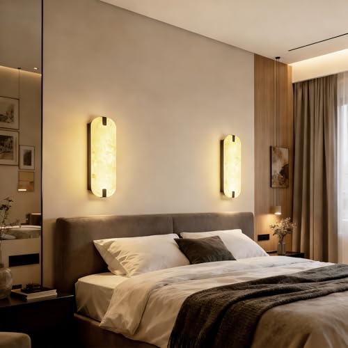 15.75" 2PCS Natural Marble Alabaster Wall Sconce Modern Hardwired Wall Light Fixture for Bedroom Marble Wall Sconce Natural Stone Material Wall Lamp for Stairs Suitable for Indoor Installation