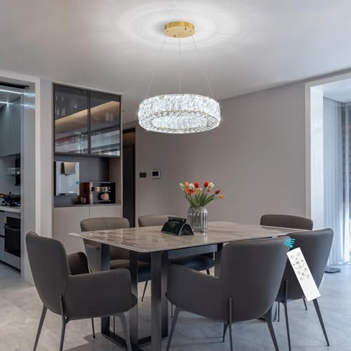 Modern Chandelier for Dining Room Dimmable LED Pendant Lights for Kitchen Island Lighting Gold Ring Crystal Chandeliers for Bedroom Entrance Living Room