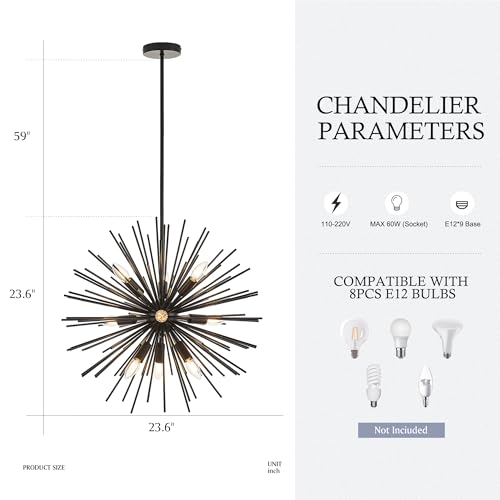 23.6" 9 Light Black Sputnik Chandelier Modern Industrial Adjustable Firework Globe Ceiling Fixture for Living Room